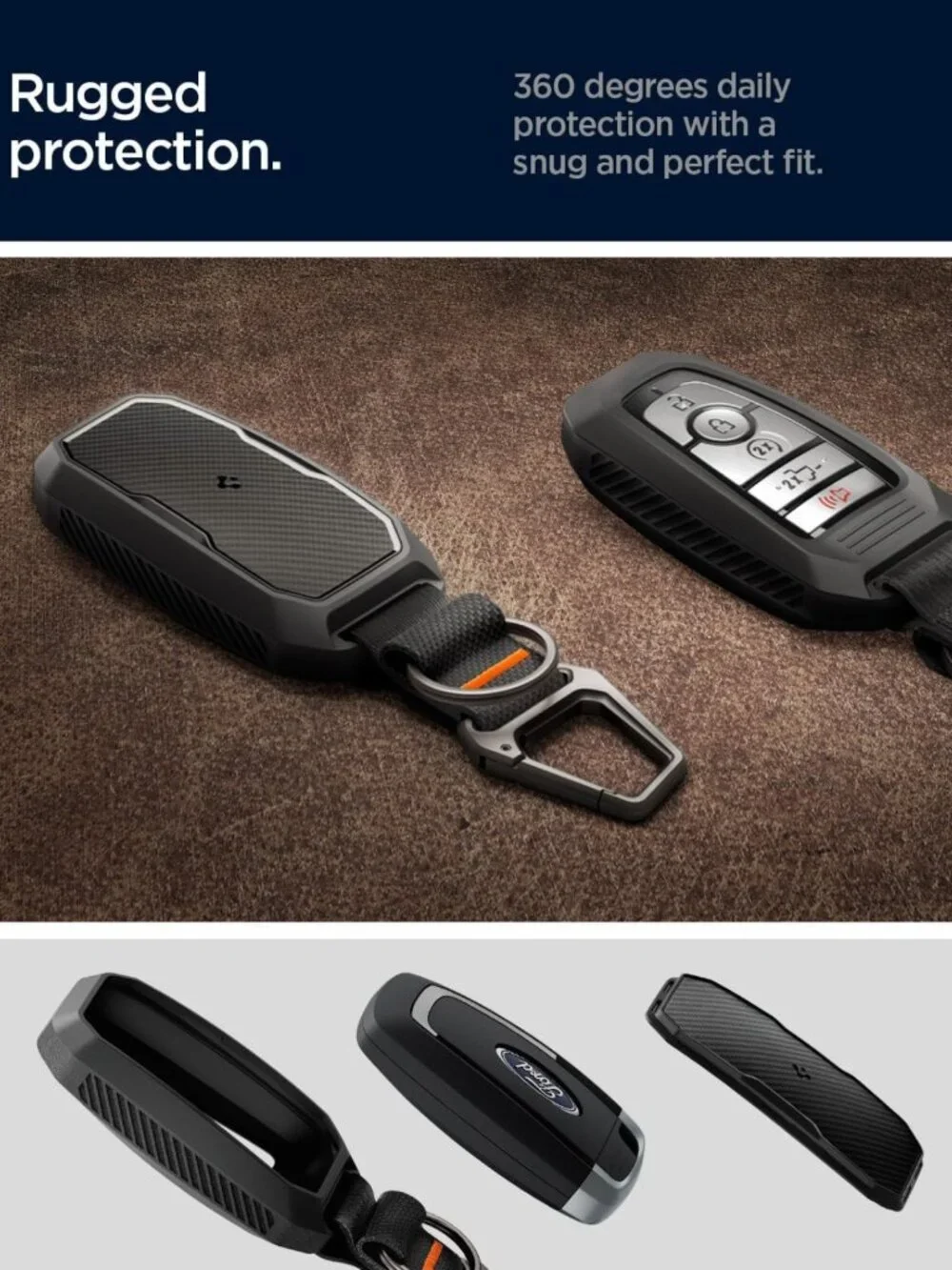 Rugged Key Fob Cover with Carabiner & Keychain for 3/4/5 Button Smart Keys